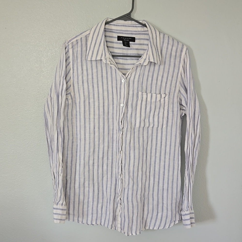Tahari | Blue And White Striped 100% Linen Button Down Shirt Size Large